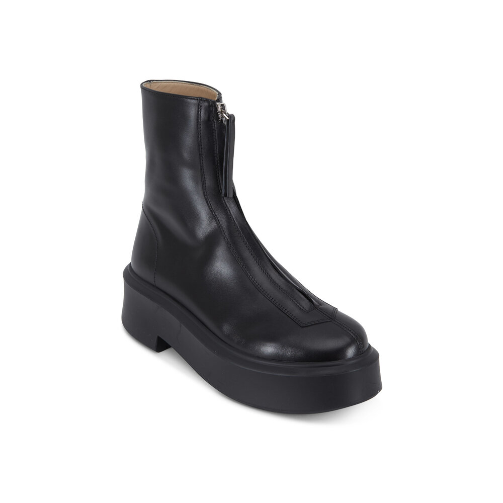 The Row - Zipped Black Leather Lug Sole Short Boot