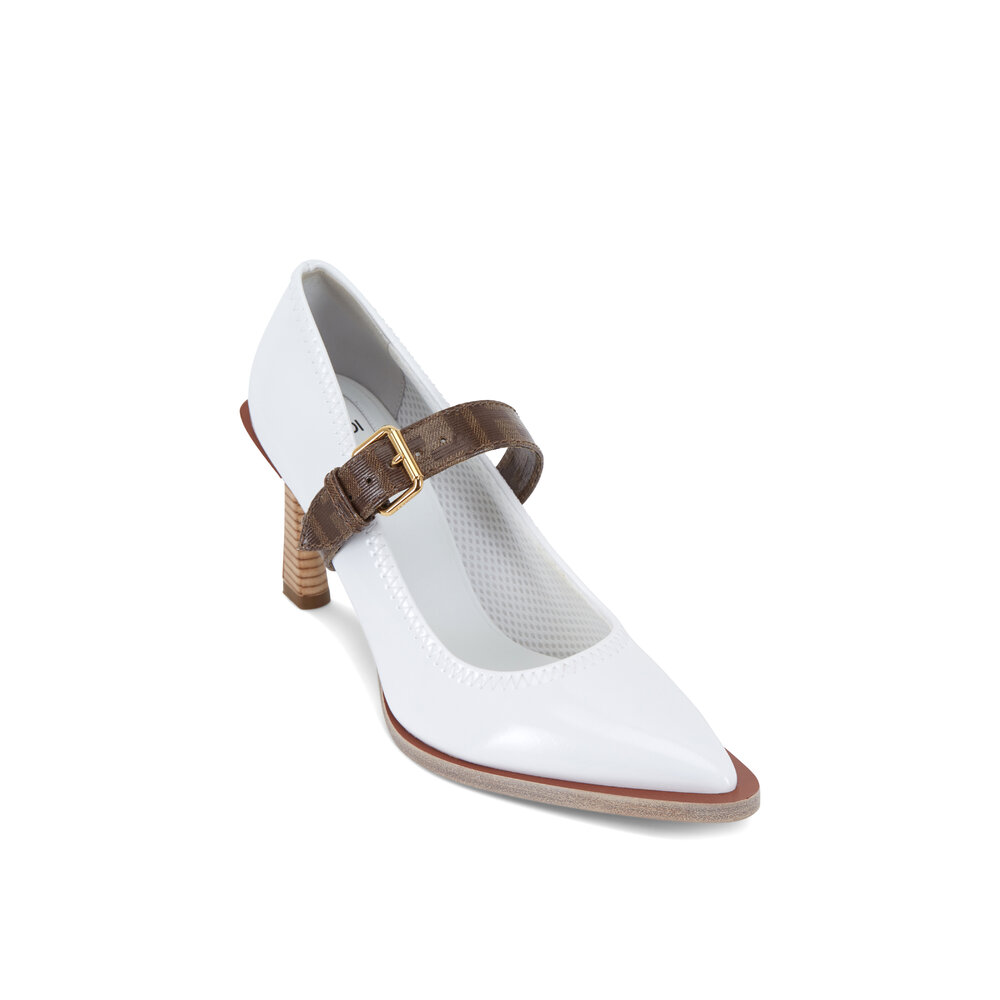 Fendi White Glossy Neoprene Detachable Strap Pump, 85mm
