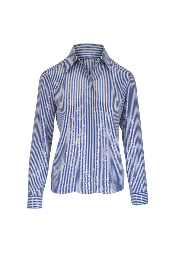 Michael Kors Collection Hansen Steel & Optic White Sequin Stripe Blouse