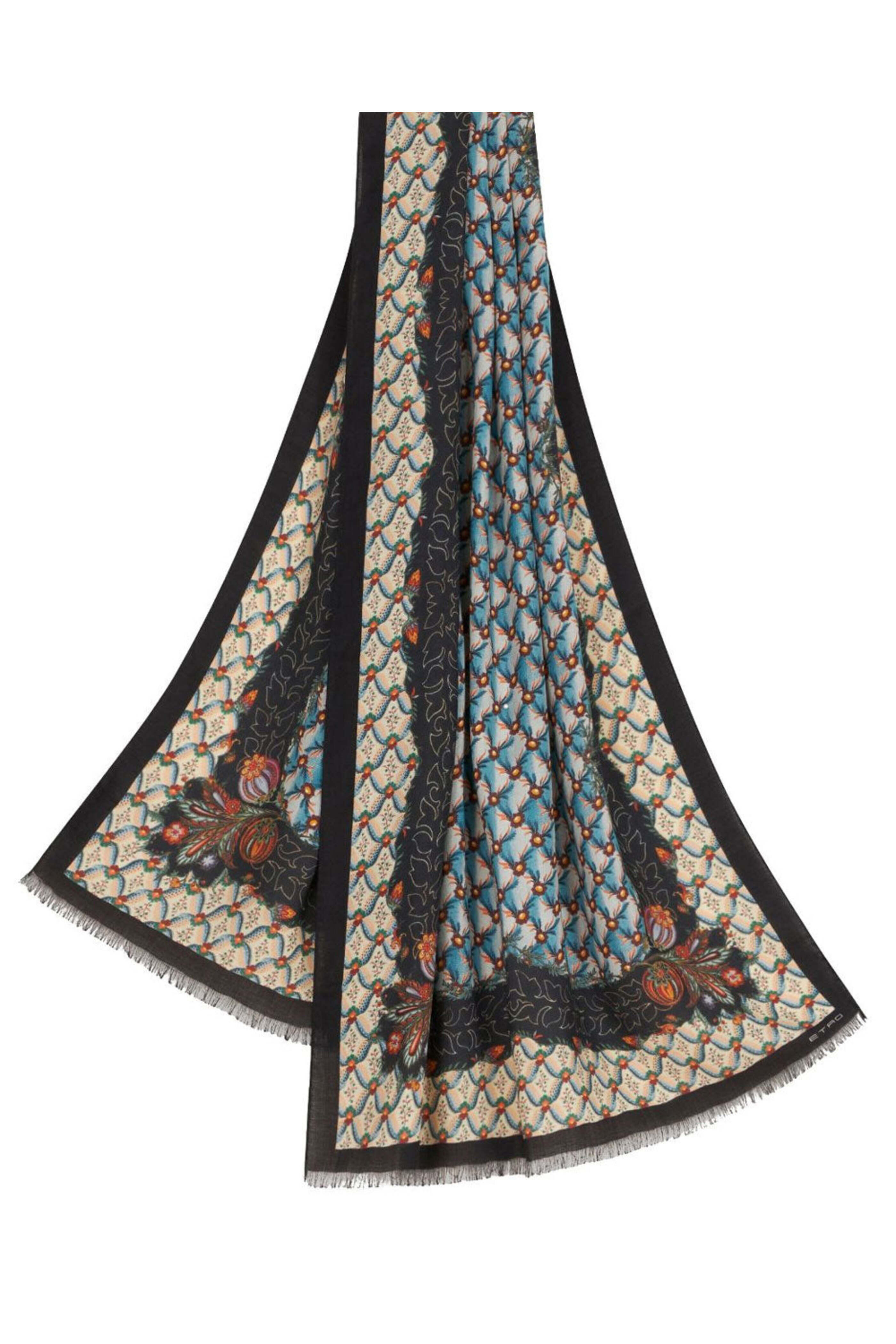 Etro - Floral Silk & Cashmere Scarf in Aqua & Black