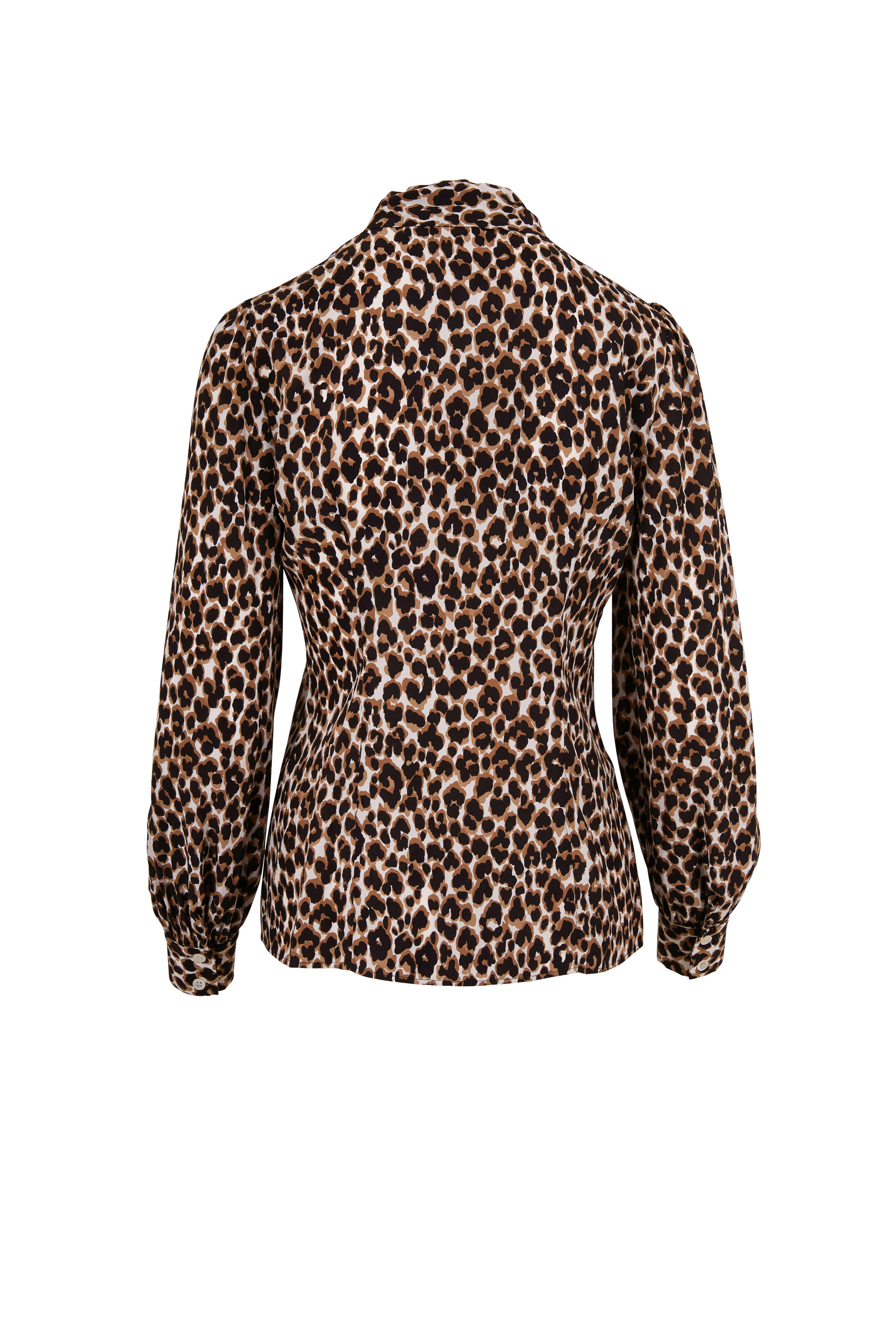Michael Kors Collection - Khaki Crepe De Chine Leopard Tie Neck Blouse