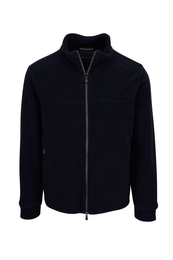 Fedeli Navy Blue Cashmere Velour Full Zip Sweater