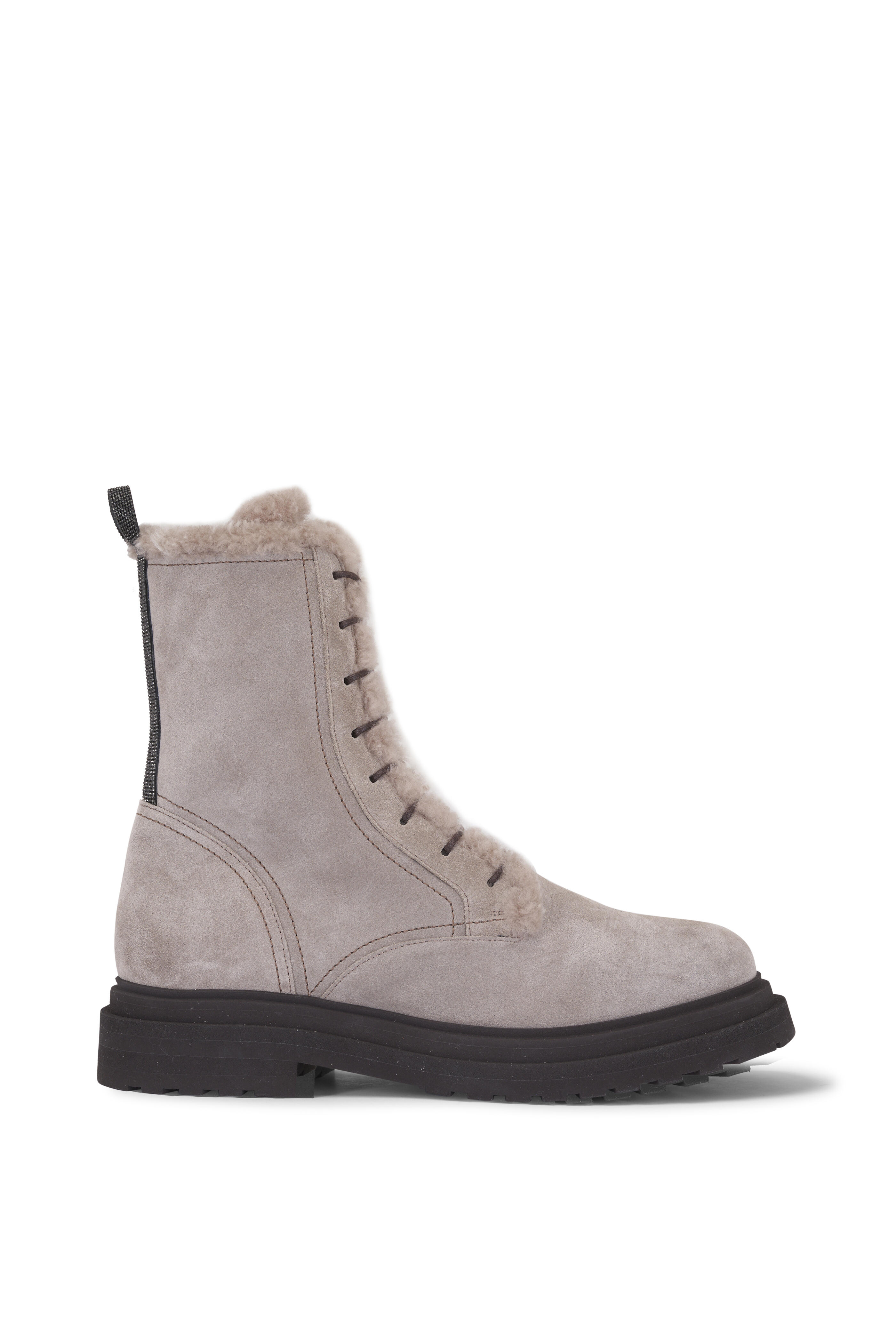 Brunello Cucinelli - Light Gray Suede & Shearling Lined Lace-Up Boot