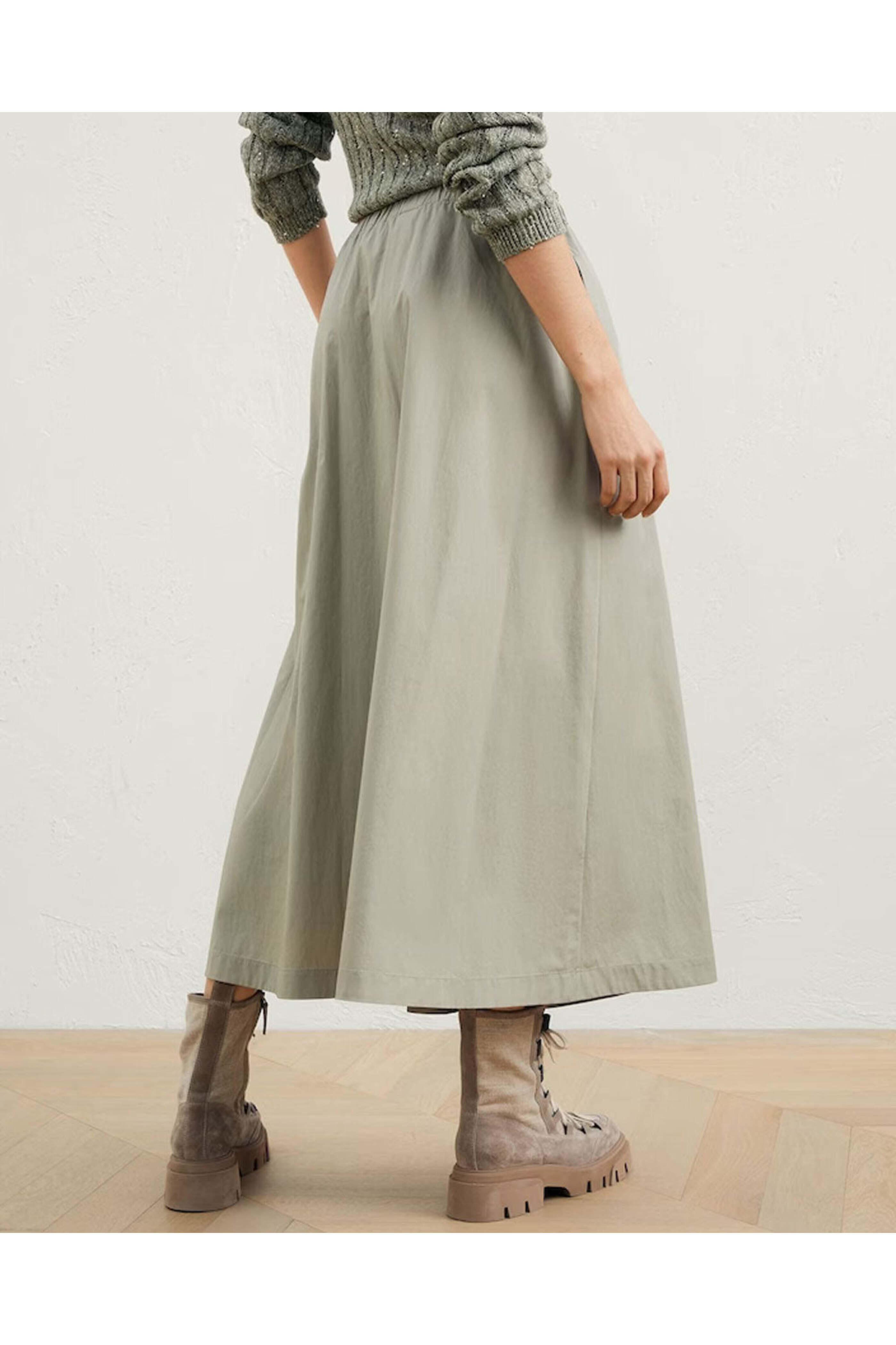 Brunello Cucinelli - Khaki Cotton Midi Skirt | Mitchell Stores