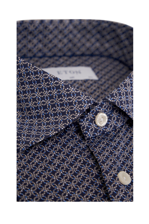 Eton - Blue Geometric Print Stretch Dress Shirt 