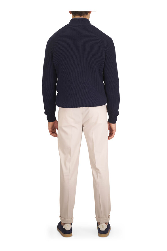 Brunello Cucinelli Navy Cotton Ribbed Full Zip Sweater - view 4