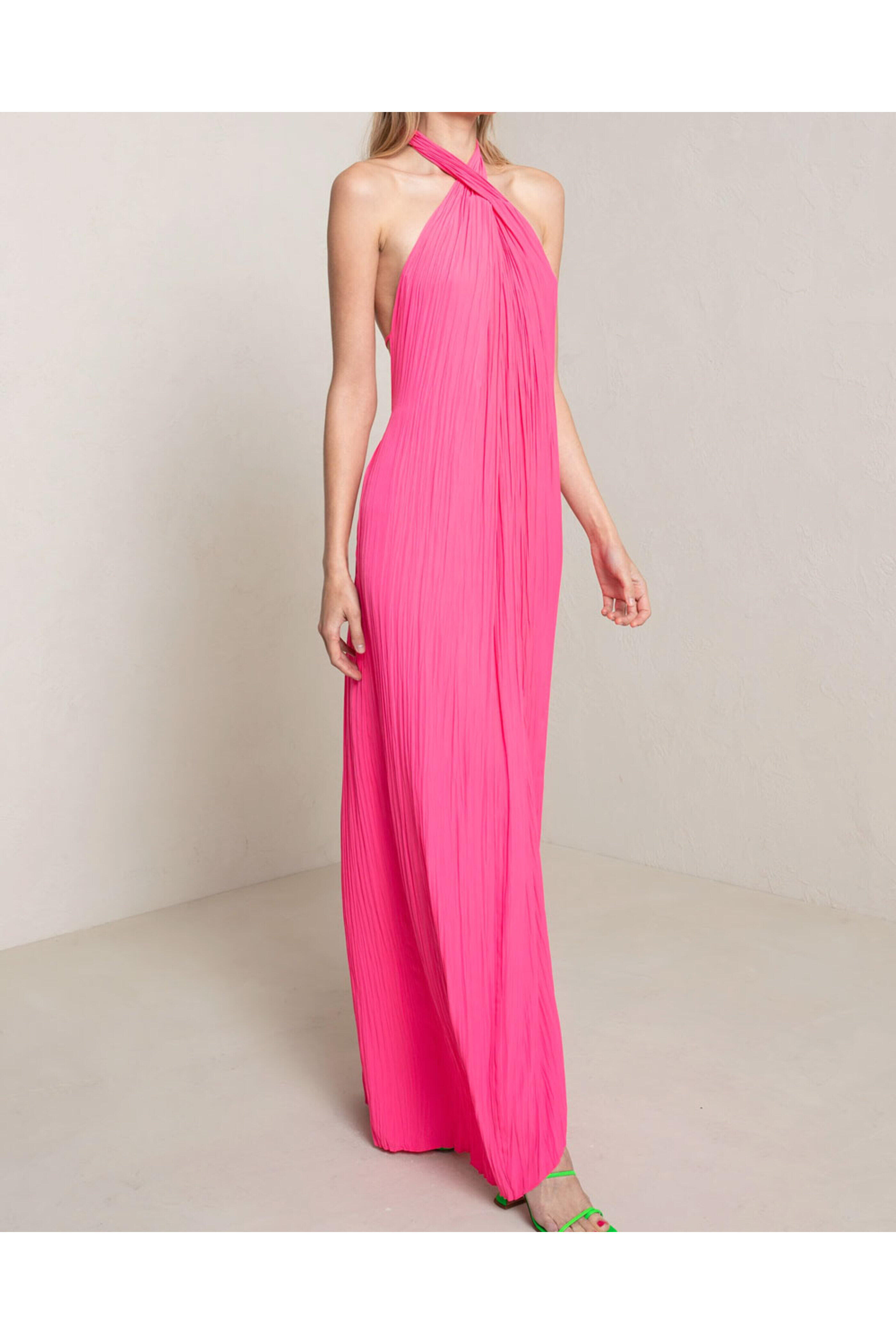 A.L.C. - Neon Pink Pleated Halter Rio Maxi Dress