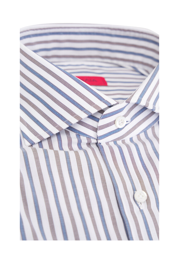 Isaia White, Blue & Brown Stripe Cotton Dress Shirt - view 4