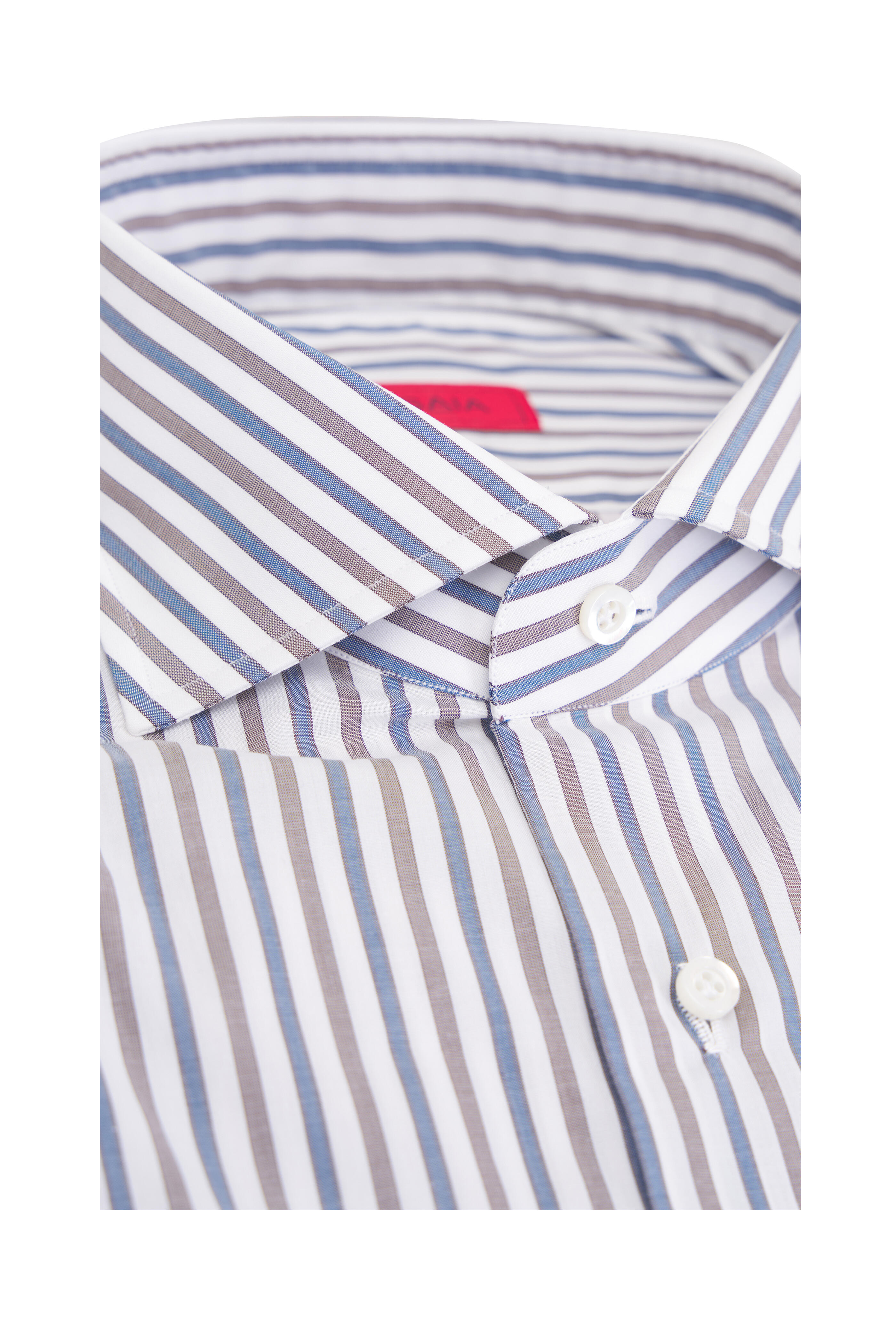 Isaia - White, Blue & Brown Stripe Cotton Dress Shirt - view 4