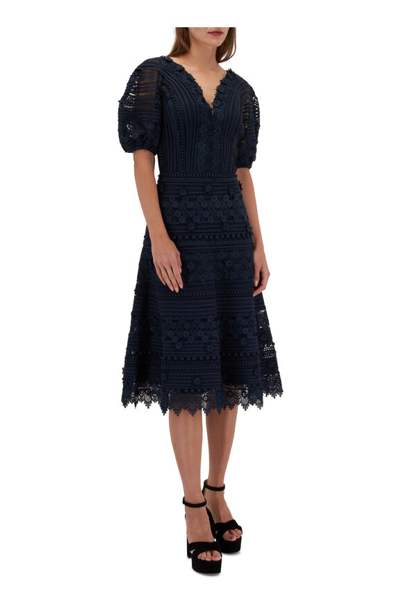 Carolina Herrera - Midnight Floral Embroidered Puff Sleeve Midi Dress