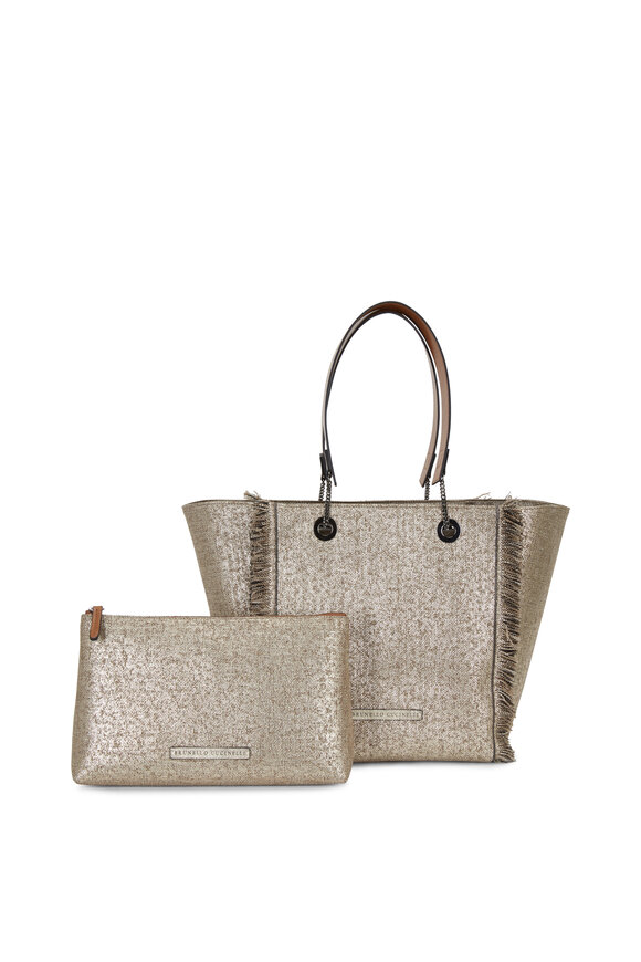 Brunello Cucinelli Platinum Metallic Woven & Leather Reversible Tote - view 10