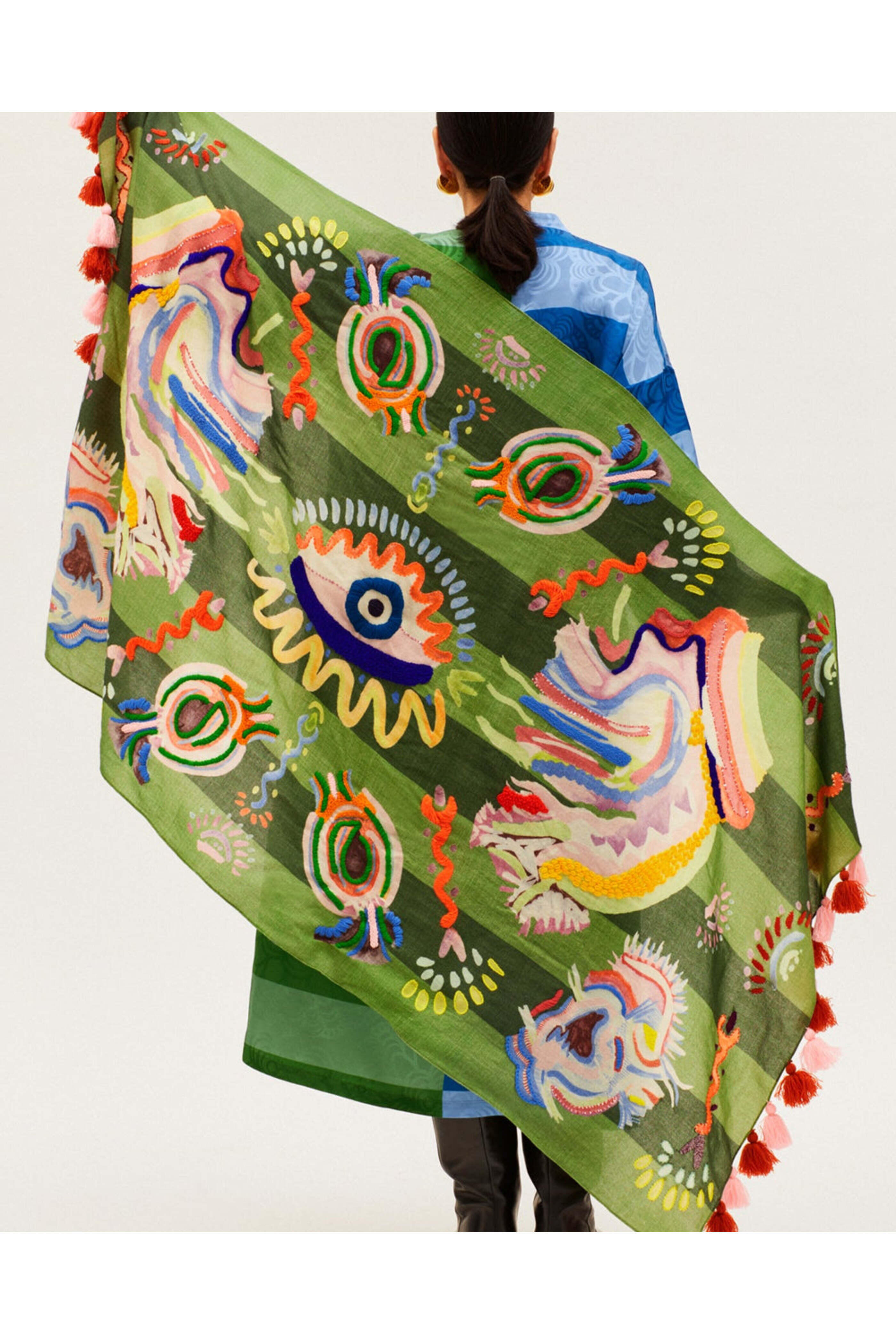 Rianna + Nina - Oniro Green Embroidered Fantasia Eris Scarf