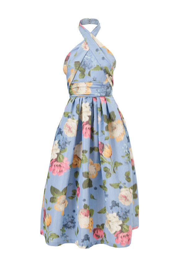 Carolina Herrera Cloud Blue Floral Print Halter Midi Dress - view 6