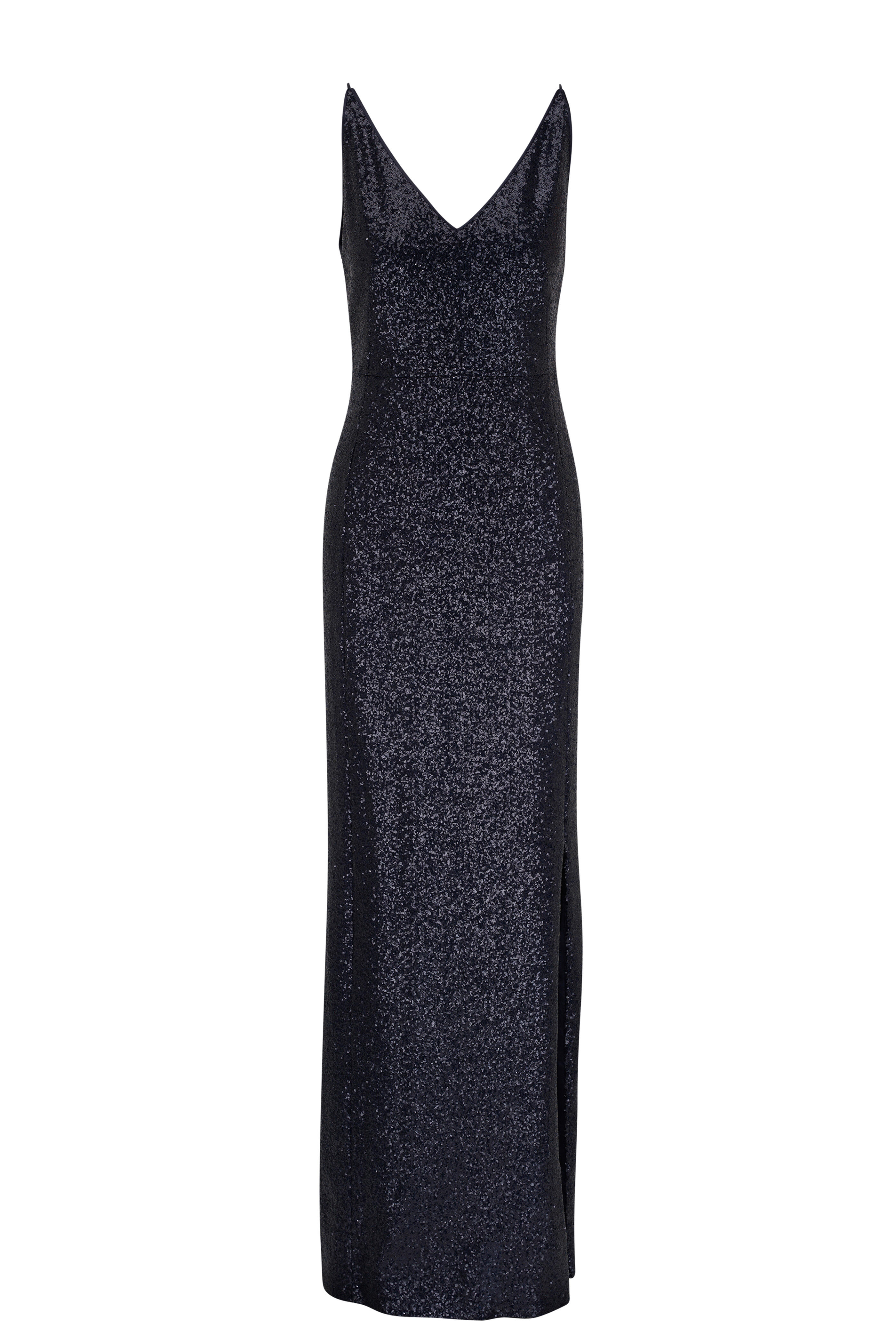 Akris - Blue Sequin V-Neck High Slit Column Gown