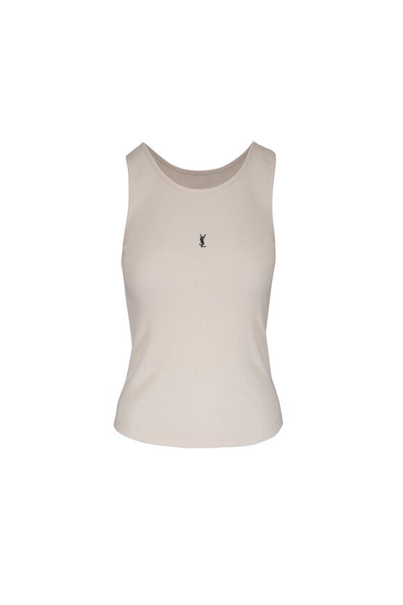 Saint Laurent Debardeur Embroidered Ivory Cotton Jersey Tank