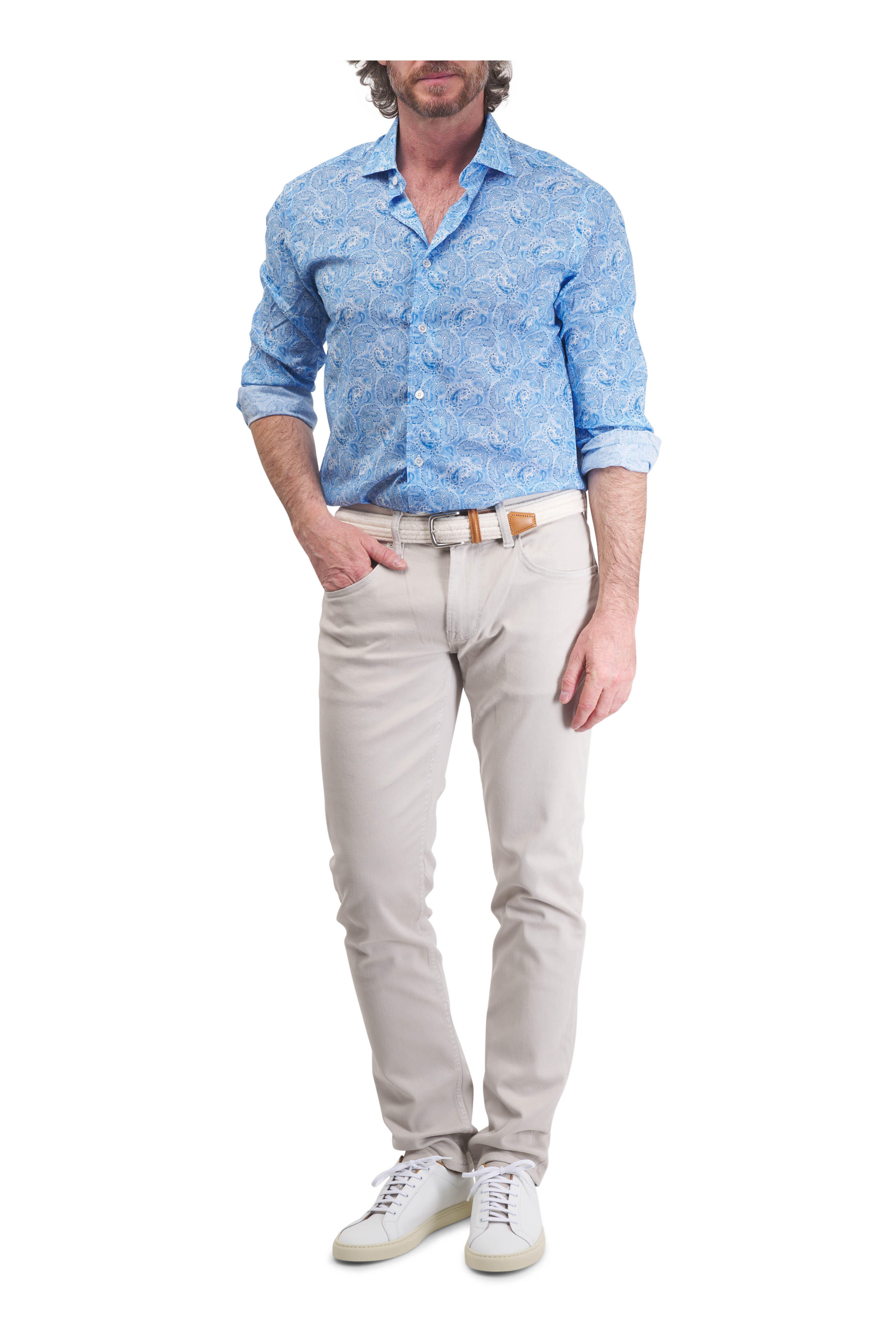 Fedeli - Light Blue Paisley Print Cotton Sport Shirt