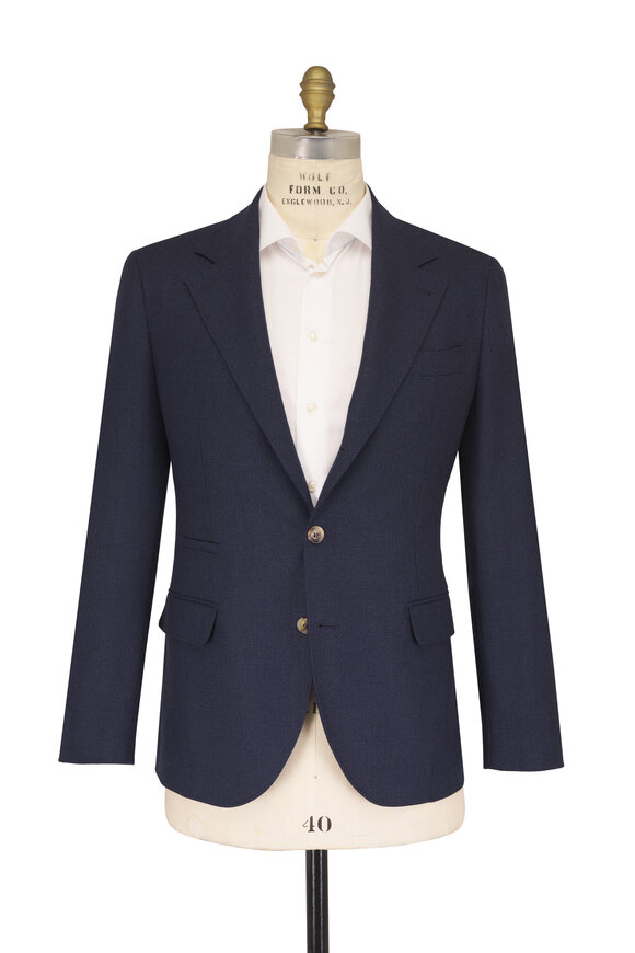 Brunello Cucinelli Navy Blue Wool Mouliné Single-Breasted Jacket - view 2