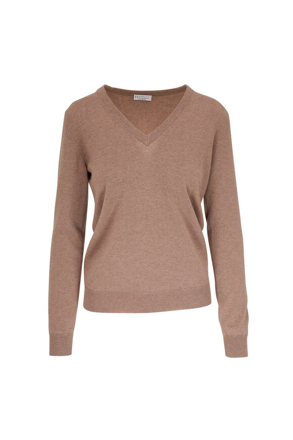 Brunello Cucinelli - Mocha Cashmere Basic V-Neck Sweater