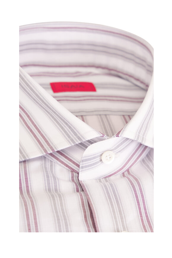 Isaia Burgundy & White Stripe Cotton Dress Shirt - view 3