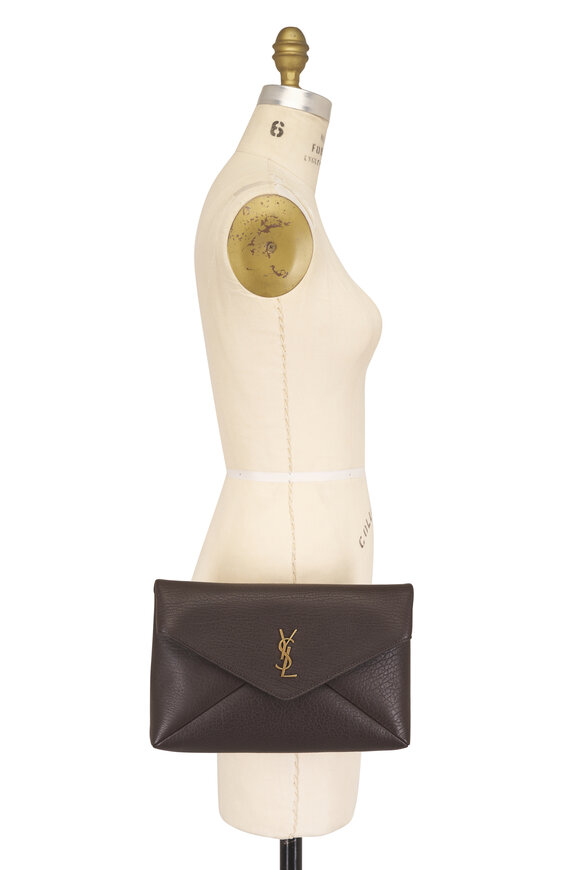 Saint Laurent Large Cassandre Chocolate Leather Envelope Pouch - view 5