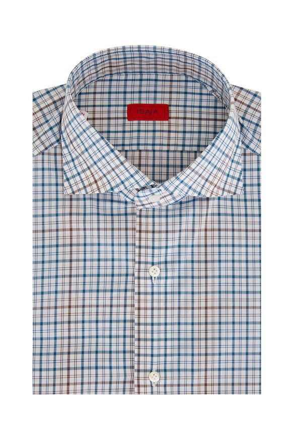 Isaia - Teal & Brown Plaid Cotton Dress Shirt