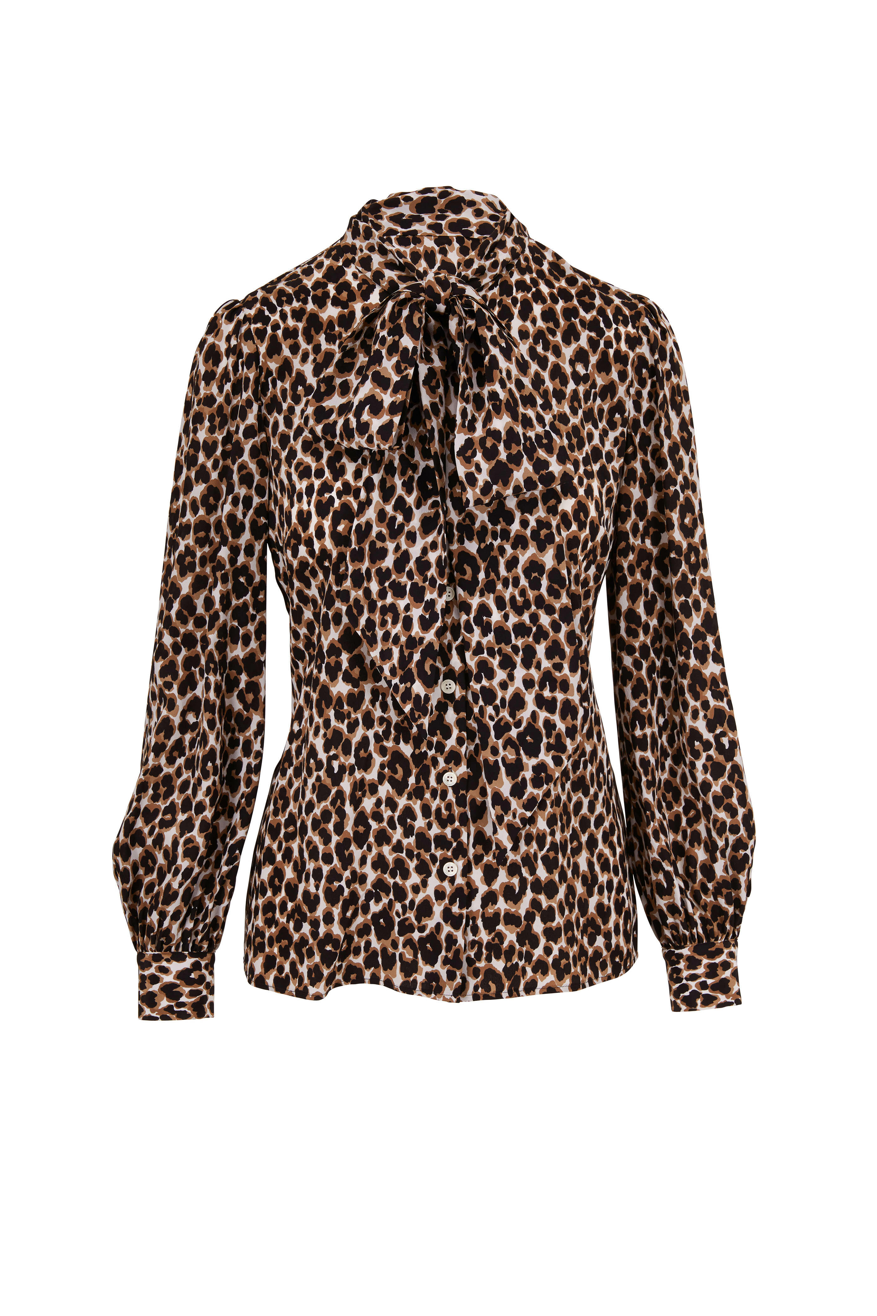 Michael Kors Collection - Khaki Crepe De Chine Leopard Tie Neck Blouse