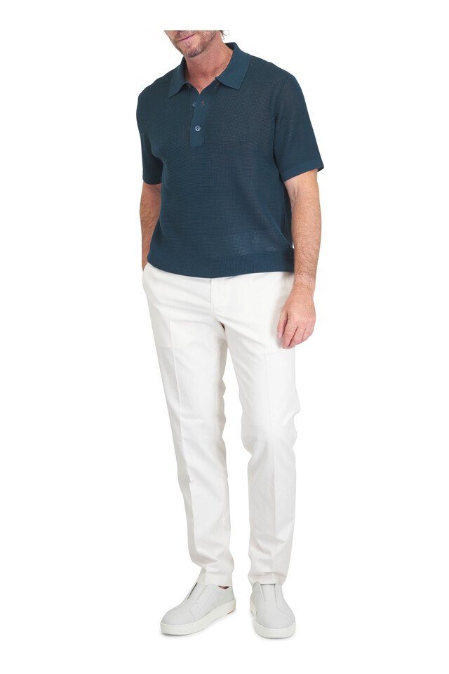 Designer outfit featuring Keeling Lario Green Cotton Knit Polo and Victory White Leather Mid Top Slip On Sneaker