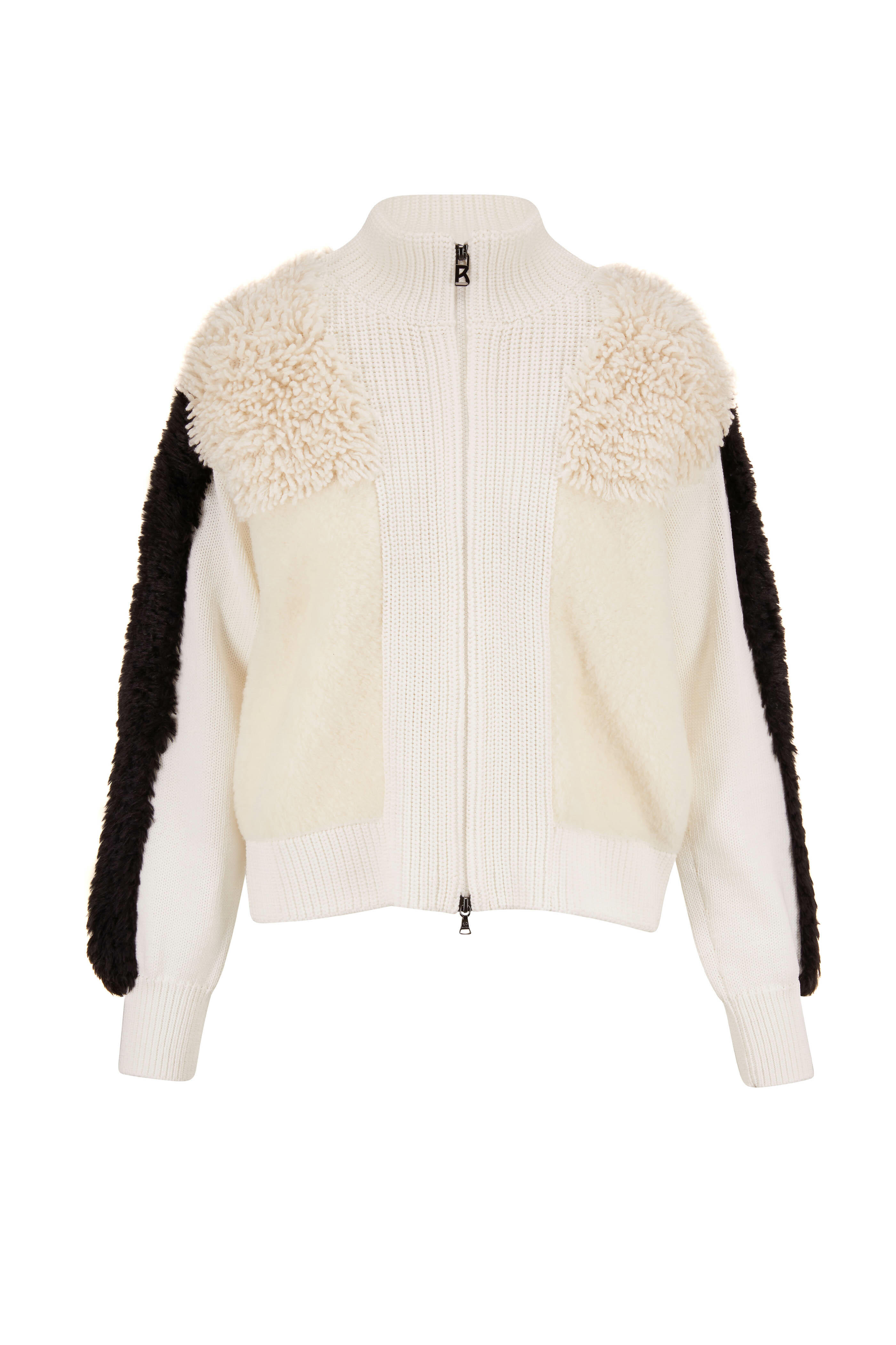 Bogner - Maglie Ivory & Black Mixed Media Front Zip Sweater