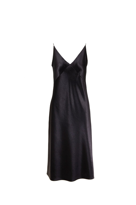 Vince - Metallic Black Satin V-Neck Midi Slip Dress