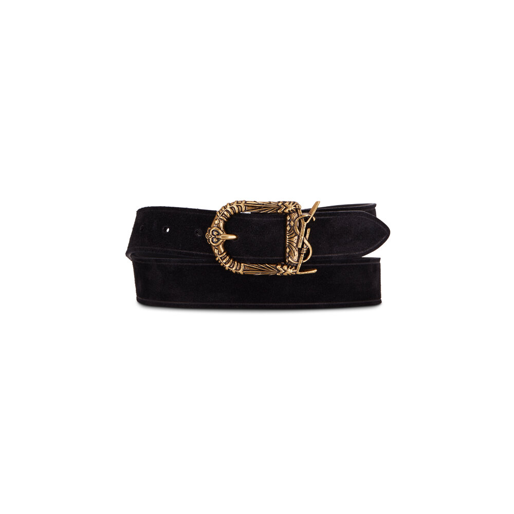 Saint Laurent - Black Suede YSL Logo Belt | Mitchell Stores