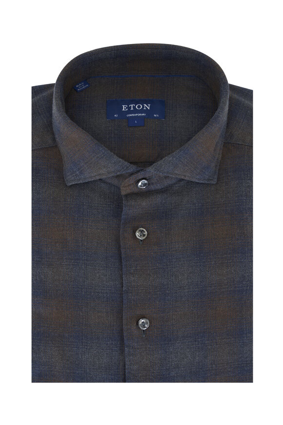 Eton Navy & Brown Plaid Cotton Dress Shirt