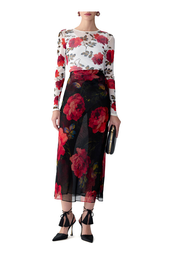 Carolina Herrera Black Multi Rose Print Midi Slip Skirt - view 2