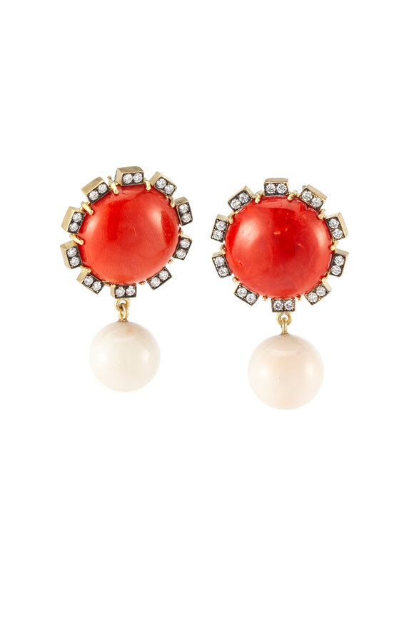Sylva & Cie 18K Yellow Gold Coral & Diamond Drop Earrings - view 1