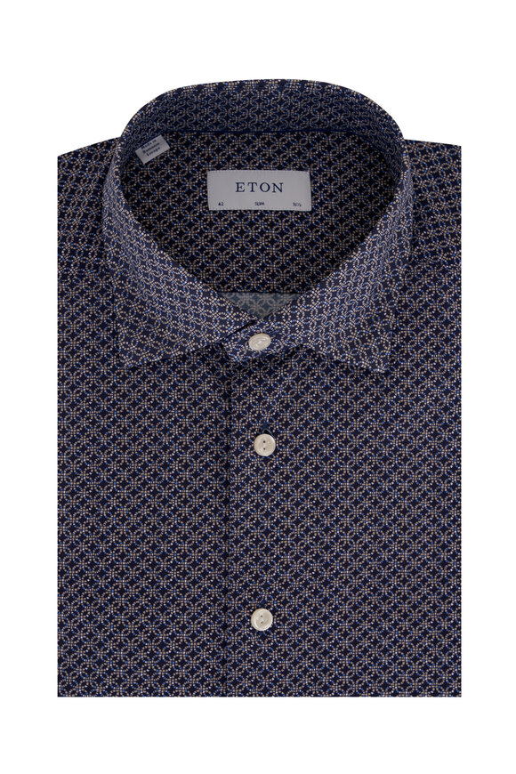 Eton Blue Geometric Print Stretch Dress Shirt 