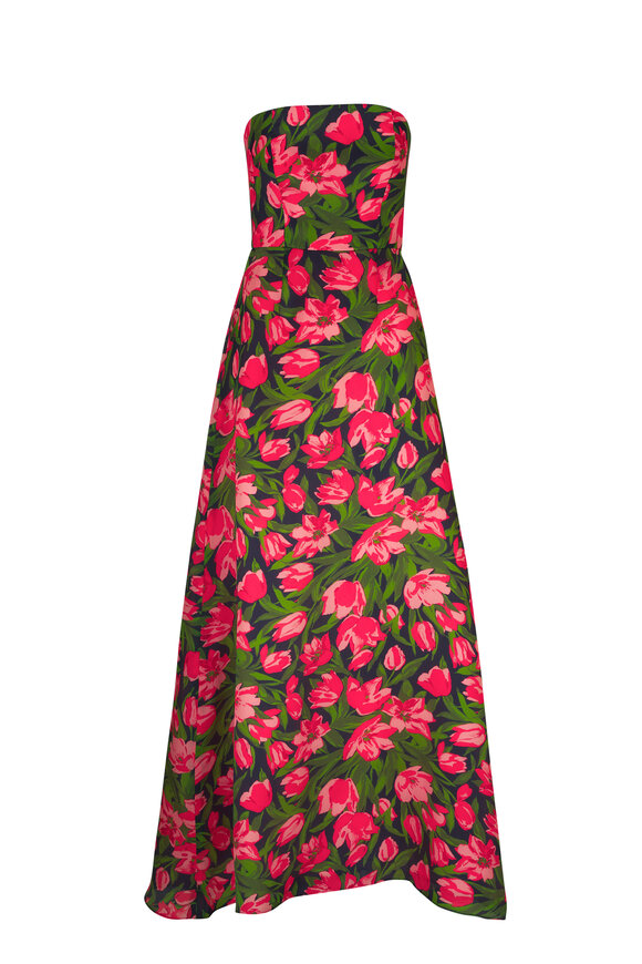Carolina Herrera Midnight Rose Print Strapless Silk Gown