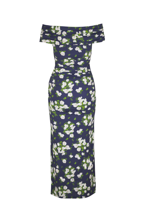 Carolina Herrera Midnight Multi Floral Print Gathered Midi Dress - view 5