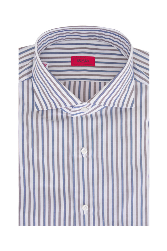 Isaia - White, Blue & Brown Stripe Cotton Dress Shirt