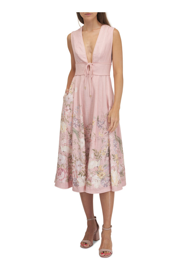 Zimmermann - Waverly Pink Floral Plunge Midi Dress 