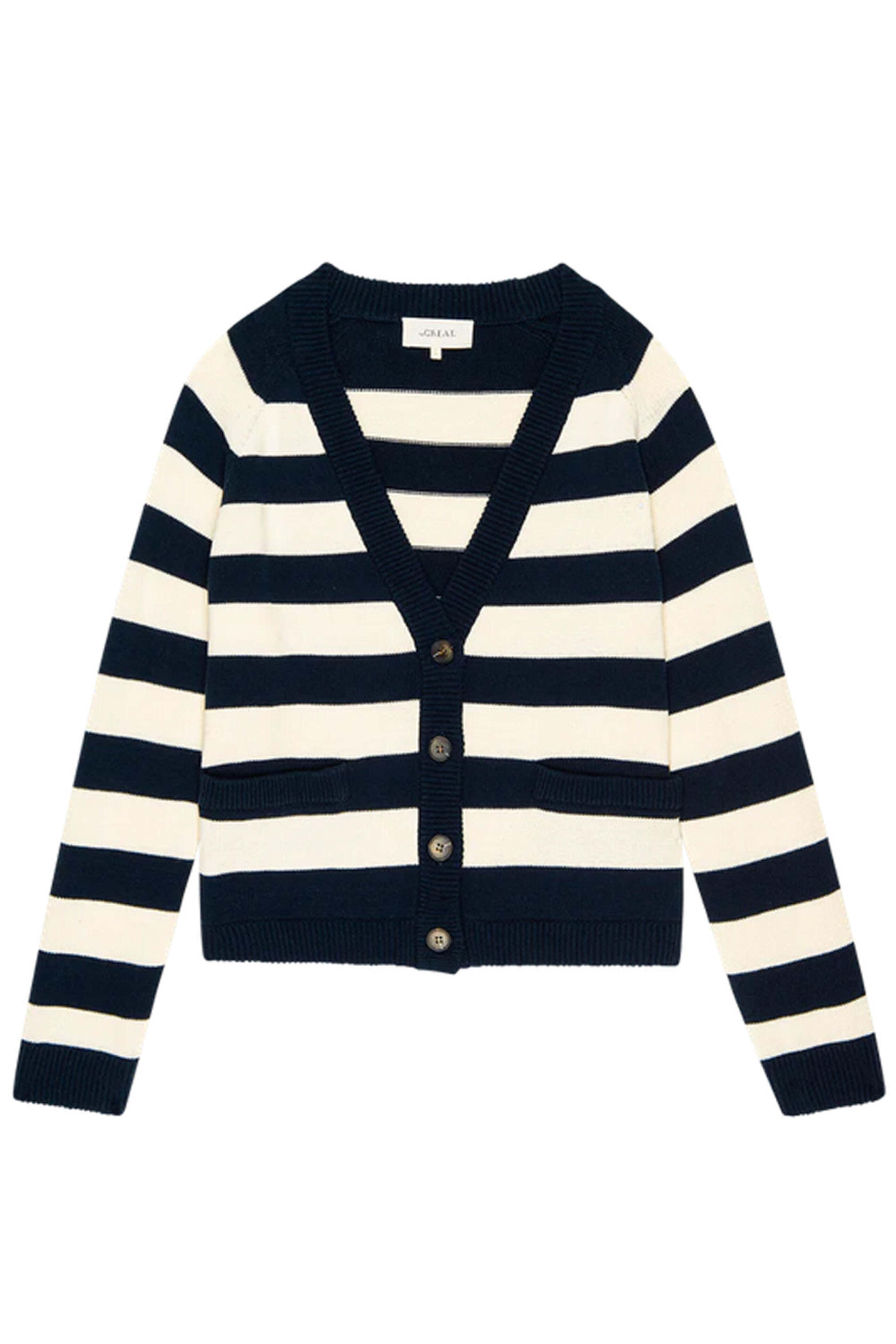 The Great - Navy Range Stripe Varsity Cardigan
