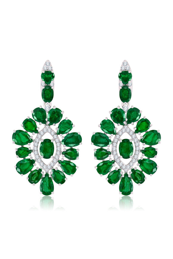 Sutra - 18K White Gold Emerald & Diamond Drop Earrings 