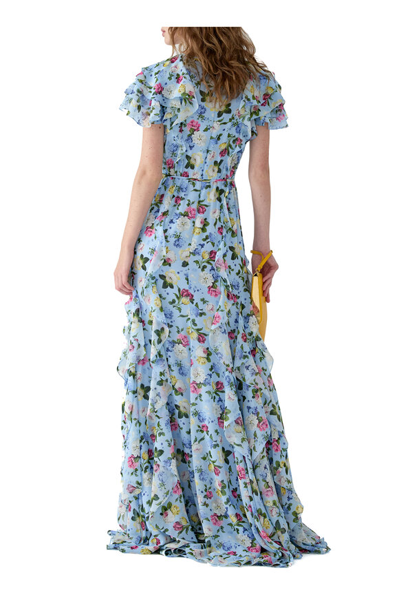 Carolina Herrera Cloud Blue Multi Floral Print Ruffled Chiffon Gown - view 3