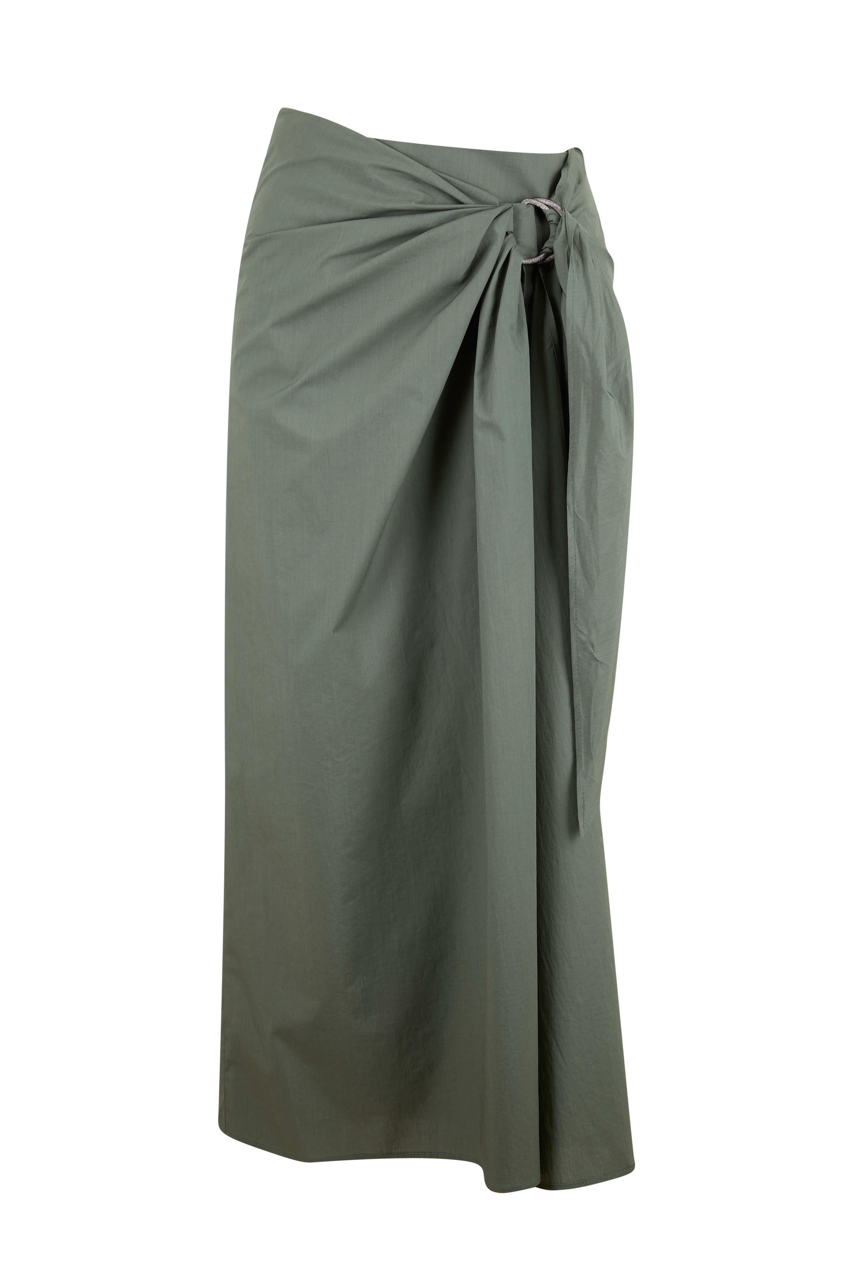 スカート BRUNELLO CUCINELLI SS25 'Wrap' skirt (MH540G3814 C600) Brunello Cucinelli - Forest Green Poplin Wrap Midi Skirt