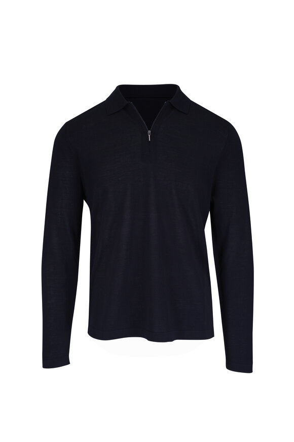 Patrick Assaraf Dark Navy Extra Fine Merino Wool Zip Polo