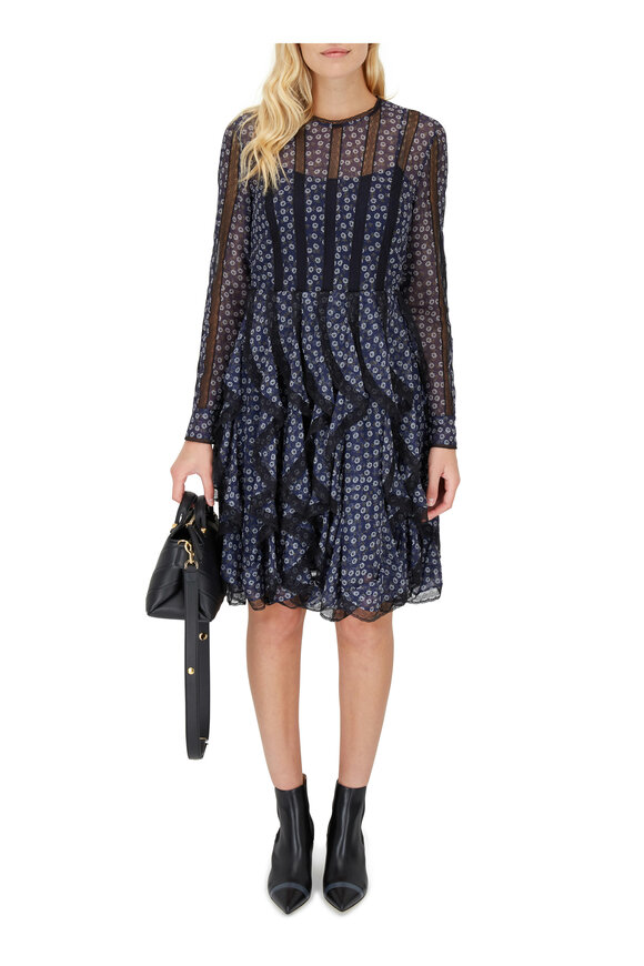 Fendi - Navy Silk Lace Inset Long Sleeve Dress