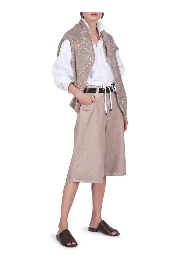 Brunello Cucinelli Beige Lamé Denim Bermuda Shorts - view 2