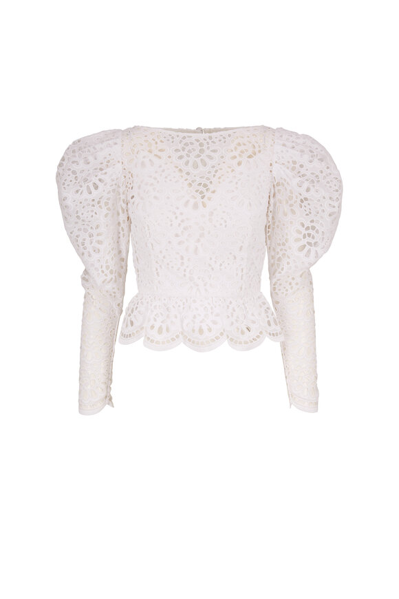 Carolina Herrera - White Eyelet Dramatic Puffed Long Sleeve Blouse