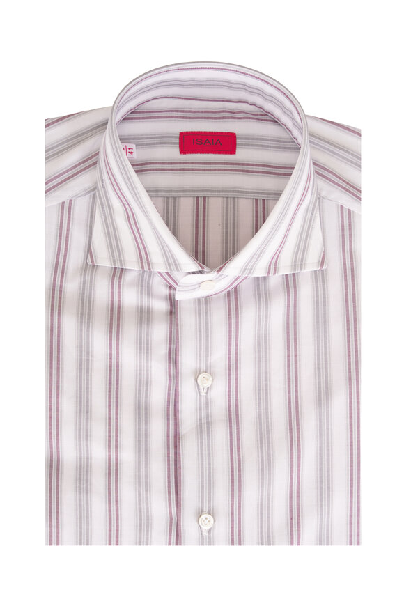 Isaia Burgundy & White Stripe Cotton Dress Shirt - view 1
