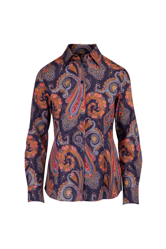 Etro Navy Paisley Print Button Up Blouse - view 1