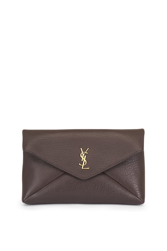 Saint Laurent Large Cassandre Chocolate Leather Envelope Pouch - view 1