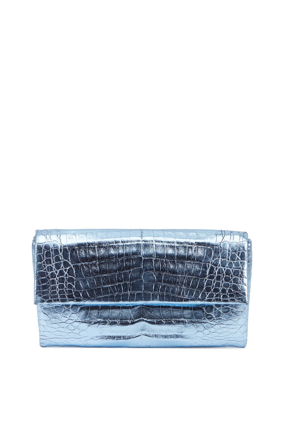 Nancy Gonzalez - Light Blue Metallic Crocodile Envelope Clutch